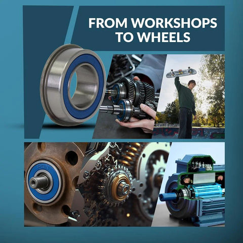 Collage of 4 Pack Flanged Ball Bearings 3/4 In x 1-3/8 In Chrome Steel with rubber seals, shown in workshop and in use on wheels and machines.