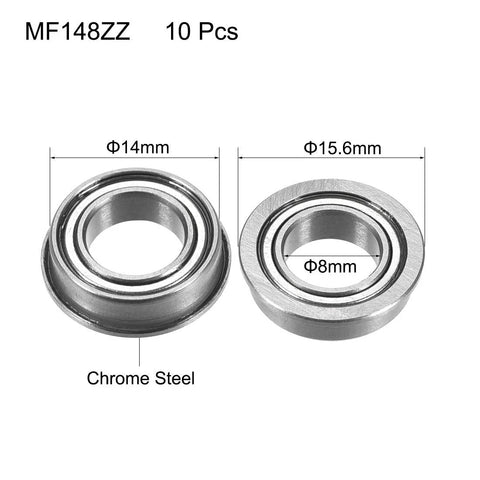 Flanged Ball Bearing MF148ZZ 8x14x4mm Double Shield Chrome Steel ABEC1, showing dimensions and pack of 10 features for RC cars, drones.