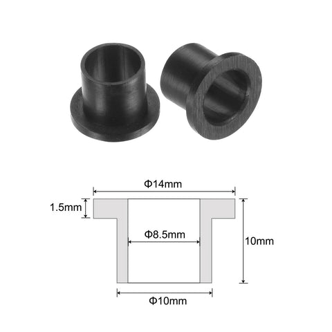 Diagram and two pieces of Flanged Nylon Sleeve Bearings Set Of 10 Self Lubricating Bushings With 8.5mm Bore 10mm OD