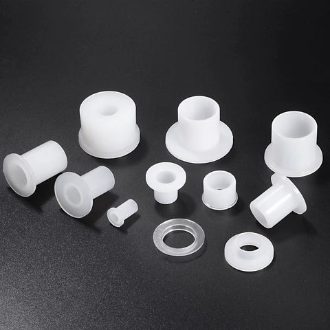 White nylon flanged sleeve bearings, 4pcs set for shafts; 6.2mm bore, 8.35mm OD, 12mm length.