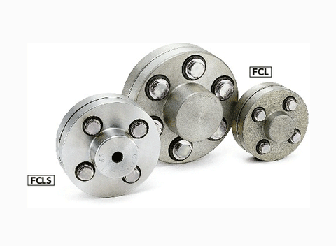 NBK FCL-160 Flexible Flanged Shaft Coupling - Made in Japan, three couplings displayed, showing different sizes and flanged design.