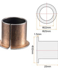 Flanged Sleeve Bearings 22mm Bore 25mm Outer Diameter 25mm Length 32mm Flange Diameter 1.5mm Flange Thickness Oilless Bronze Sintered Coated Bushings Maintenance Free High Load Capacity Carbon Steel Base Two Pieces shown with measurements