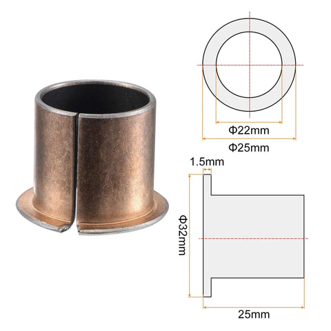 Flanged Sleeve Bearings 22mm Bore 25mm Outer Diameter 25mm Length 32mm Flange Diameter 1.5mm Flange Thickness Oilless Bronze Sintered Coated Bushings Maintenance Free High Load Capacity Carbon Steel Base Two Pieces shown with measurements