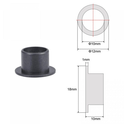 Flanged Sleeve Bearings 10mm Bore 12mm OD 10mm Length POM Oilless Bushings Black with 18mm Flange, diagram and dimensions