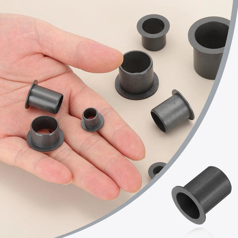 Hand holding six pack flanged sleeve bearings 17mm ID 19mm OD 25mm length POM plastic bushing black with 25mm flange 1mm thick