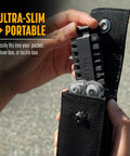 Flat Bit Set For Leatherman Multitools, 21-Piece Galvanox Hardened S2 59HRC Bits in black sheath holder being held