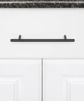 Euro Bar Cabinet Pull Handle Flat Black Finish Three Eighths Inch Diameter Eight Point Six Nine Inch Length Center To Center Six Point Three One Inch With Mounting Hardware Included Ten Pack shown on white cabinet