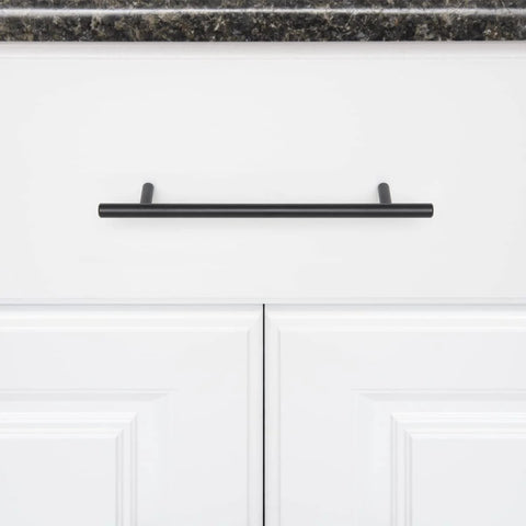 Euro Bar Cabinet Pull Handle Flat Black Finish Three Eighths Inch Diameter Eight Point Six Nine Inch Length Center To Center Six Point Three One Inch With Mounting Hardware Included Ten Pack shown on white cabinet