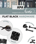 18 Pack Matte Black Interior Door Hinges 3 1/2 By 3 1/2 Inches With 5/8 Radius Corners For Doors, Closets, And Bathrooms shown with other flat black hardware.