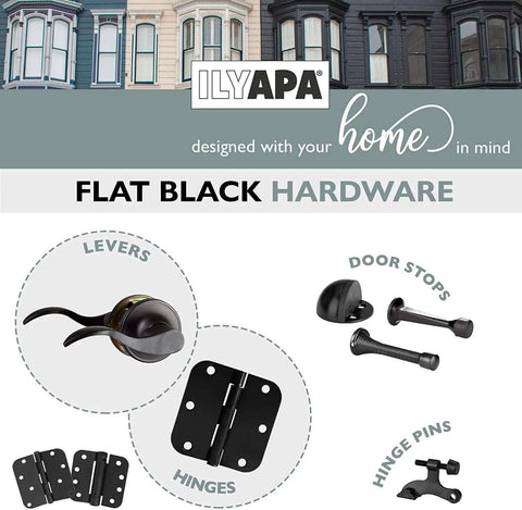 18 Pack Matte Black Interior Door Hinges 3 1/2 By 3 1/2 Inches With 5/8 Radius Corners For Doors, Closets, And Bathrooms shown with other flat black hardware.