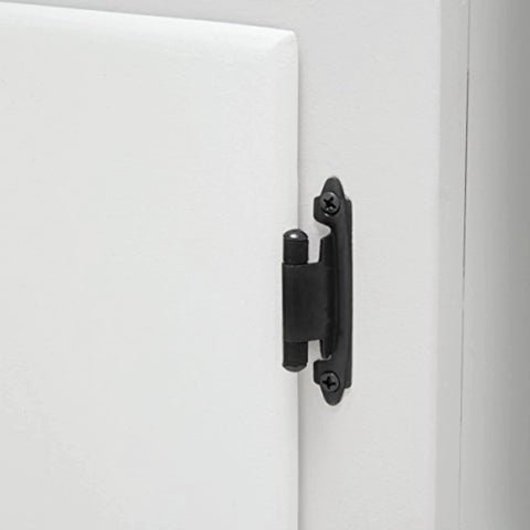 Flat black hinge on white cabinet, part of ✝️ 2-Pack 2-inch Overlay Hinge, 1 Pair, Flat Black, 10-Pack, installed on a door.