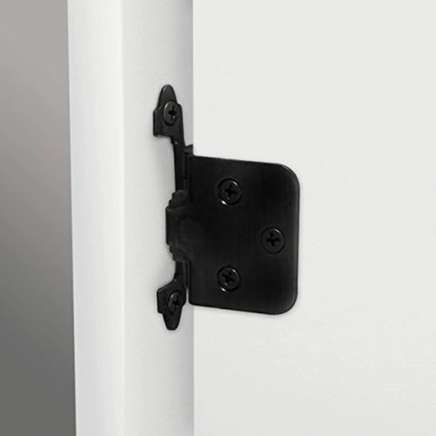 2-Pack 2-inch Overlay Hinge, 1 Pair, Flat Black, installed on white cabinet for smooth adjustment.