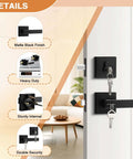 Square Entry Door Levers And Deadbolt Set, Heavy Duty, Flat Black, Keyed Alike, installed on white door, showing lock details