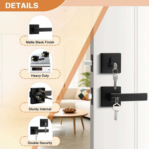 Square Entry Door Levers And Deadbolt Set, Heavy Duty, Flat Black, Keyed Alike, installed on white door, showing lock details