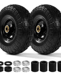 10 Inch 13 Inch and 16 Inch Flat Free PU Tire 2 Pack solid rubber replacement wheels with steel hub and bearing kit.