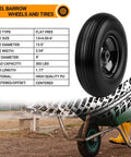 Upgrade 13inch wheelbarrow tires 4.00-6 flat free tire and wheel with 5/8" & 3/4" bearings, shown with specs and wheelbarrow