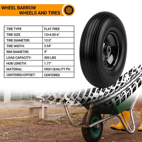 Upgrade 13inch wheelbarrow tires 4.00-6 flat free tire and wheel with 5/8" & 3/4" bearings, shown with specs and wheelbarrow