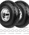 4.10/3.50-4 Flat Free 10 Inch Solid Tires and Wheels Replacement with 5/8 Inch Axle Bore, includes spacers and pins.
