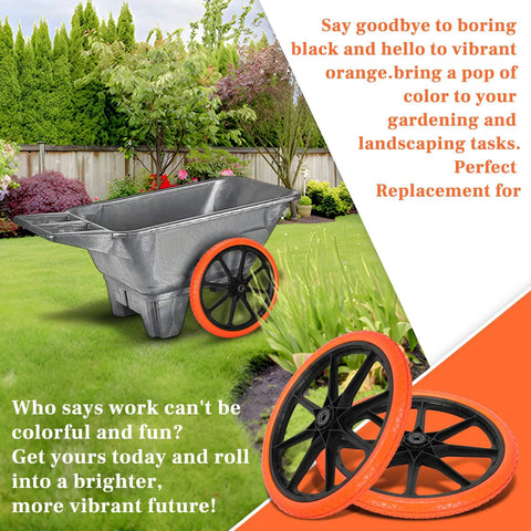 20x1.95 Inch Flat Free Tires Compatible with Rubbermaid Wheelbarrow Wheels, shown in vibrant orange color for utility carts.