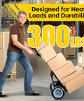 Man using hand truck with stacked boxes in warehouse, featuring 12 Inch Solid Flat Free PU Tire and Wheel, 5/8 Inch Axle Bore, 4 Inch Wide