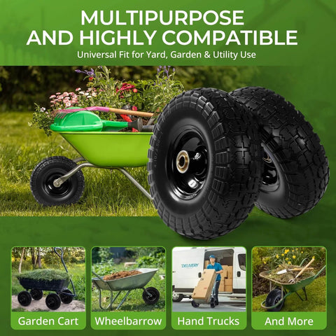 10 Inch 13 Inch and 16 Inch Flat Free PU Tire 2 Pack solid rubber replacement wheels with steel hub for garden carts.