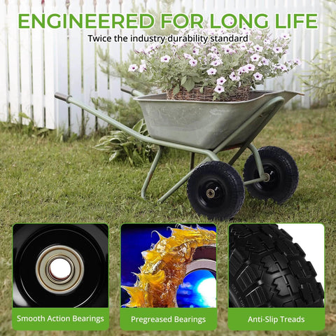 10 Inch 13 Inch and 16 Inch Flat Free PU Tire 2 Pack solid rubber replacement wheels with steel hub for wheelbarrows.
