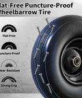 Wheelbarrow wheel 4.00-6 tire 13\" flat free wheelbarrow tires, solid wheel barrow wheels replacement shown with puncture-proof feature