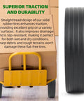 Side view of 10" solid rubber tire on yellow hand truck, showing tread pattern for traction and durability