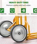 Heavy-duty tires on hand truck showcasing "✝️ (2-pack) 10\"x2.2\" flat free solid rubber replacement tires – 10 inch solid wheels for hand trucks, dollies."
