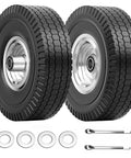 4.10/3.50-4 tire & wheel flat free, 2 pcs heavy duty solid PU non-inflated tires with double sealed bearings, 5/8 in axle bore hole, shown with washers and tools.