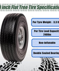 10 inch flat free tire with double sealed bearings, 3.3 lbs weight, 240 lbs capacity, solid PU, non-inflatable heavy duty build