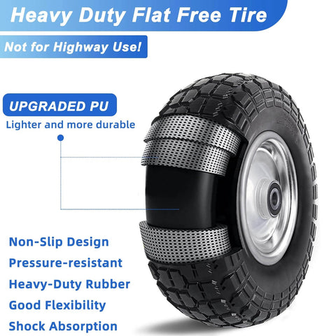 12 Inch Flat Free Solid Tire and Wheel Assemblies, 410/350-6 Polyurethane Replacement Tires in silver, side view showing features.