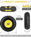 Diagram showing product dimensions of ✝️ 4.00-6 tire and wheel flat free, 2 pack 13" solid tires, with 5/8" axle bore hole, 440 lbs load-bearing.