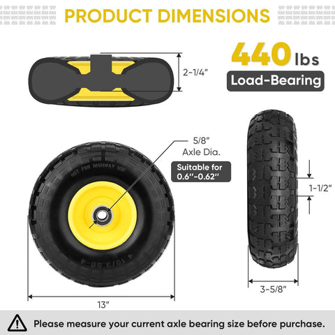 Diagram showing product dimensions of ✝️ 4.00-6 tire and wheel flat free, 2 pack 13" solid tires, with 5/8" axle bore hole, 440 lbs load-bearing.