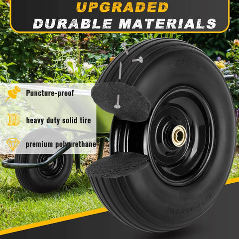 4.00-6 Flat Free Tire and Wheel Set of 2 with 13 inch solid polyurethane tires featuring 5/8 or 3/4 inch bearings, close-up view.
