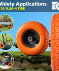 4.10 3.50-4 Flat Free Tire and Wheel Set of 4 with 10 inch solid urethane construction iron hub for various applications.