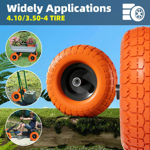 4.10 3.50-4 Flat Free Tire and Wheel Set of 4 with 10 inch solid urethane construction iron hub for various applications.
