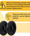 Warning notice for ✝️ 4.80/4.00-8" flat free tire and wheel 15" solid wheelbarrow tires not for highway speeds, image showing two black tires