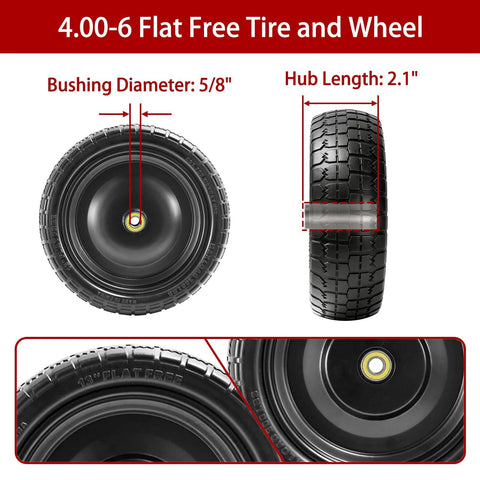13 Inch Flat Free Solid Tire And Wheel For Gorilla Cart Wagon And Wheelbarrow 4.00-6 Size Side and Front View