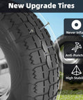 Close-up of 4.10/3.50-4 Flat Free Tire and Wheel Set of 4 showing tread and anti-puncture features on 10 inch solid rubber construction.