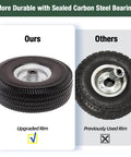 Comparison of 4.10/3.50-4 tire & wheel flat free with upgraded rim vs. previously used rim, showing durability with sealed carbon steel bearing.