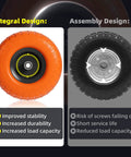 4.10 3.50-4 Flat Free Tire and Wheel Set of 4 with 10 inch solid urethane construction iron hub 5/8 inch axle bore and double sealed bearings - detailed design comparison.