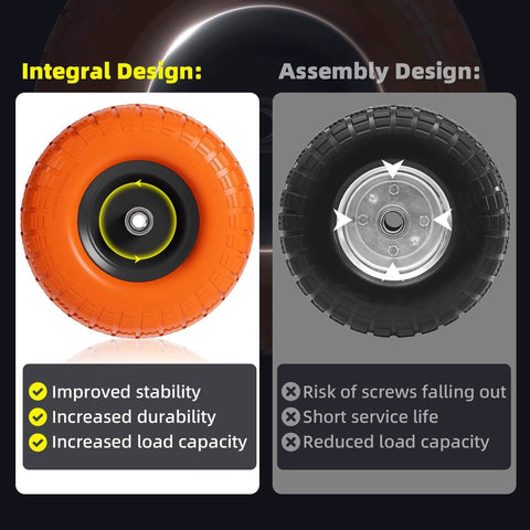 4.10 3.50-4 Flat Free Tire and Wheel Set of 4 with 10 inch solid urethane construction iron hub 5/8 inch axle bore and double sealed bearings - detailed design comparison.