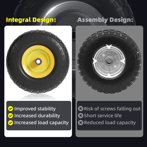 Comparison of 4.10/3.50-4 Flat Free Tire and Wheel Set features showing integral design and assembly design differences.