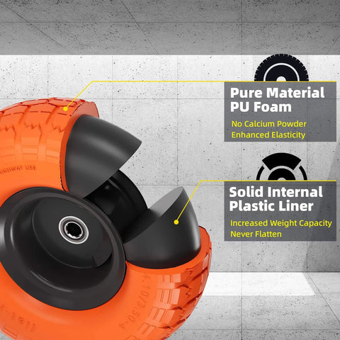 Close-up of 4.10 3.50-4 Flat Free Tire and Wheel Set of 4 highlighting PU foam and internal plastic liner construction.
