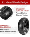 13" flat free tires compatible with gorilla carts detail showing serrated tread and heavy duty 5/8" bearings, 2.1" offset hub.