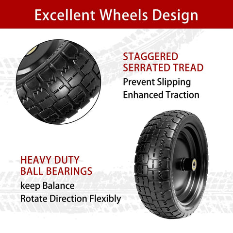 13" flat free tires compatible with gorilla carts detail showing serrated tread and heavy duty 5/8" bearings, 2.1" offset hub.