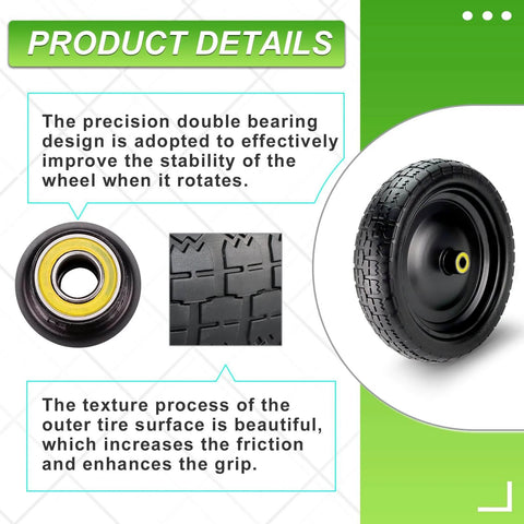 13" flat-free tire and wheel for 13"garden cart tire replacement with 5/8" axle borehole, product details and close-up views