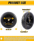 Front and side view of 4.80/4.00-8 flat free tire and wheel with size details, centered hub 3'', 5/8'' bushings, for utility cart.