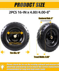 Product size display of ✝️ Flat Free Tire and Wheel 4.80/4.00-8 16 Inch Solid 2 Pack with 5/8 and 3/4 Bearings with dimensions labeled.